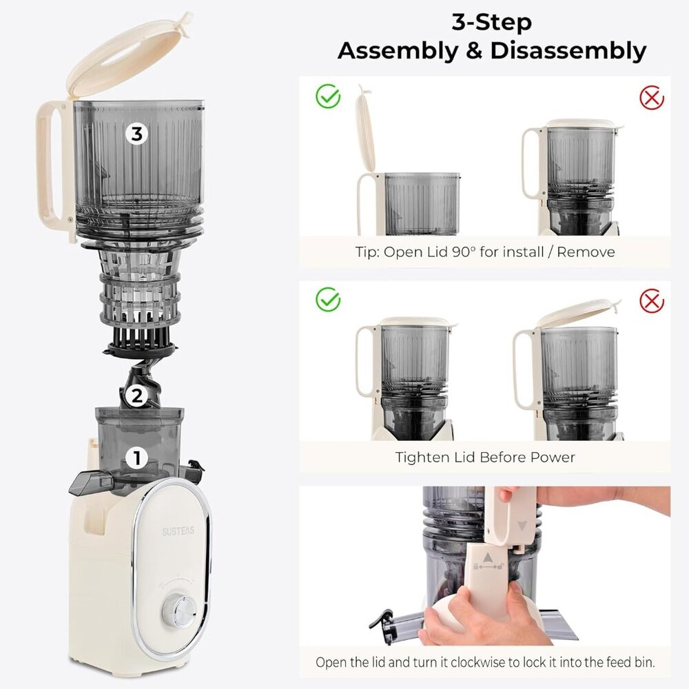 SUSTEAS Cold Press Juicer 300W 5.3 inch Large Feed Chute 1.5L Capacity BEIGE - Picture 4 of 7